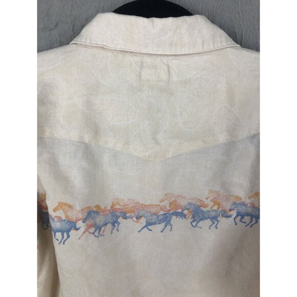 Wrangler Blues Top Womens Large Yellow Running Horses Pearl Snaps Cowboy Core - Picture 15 of 16